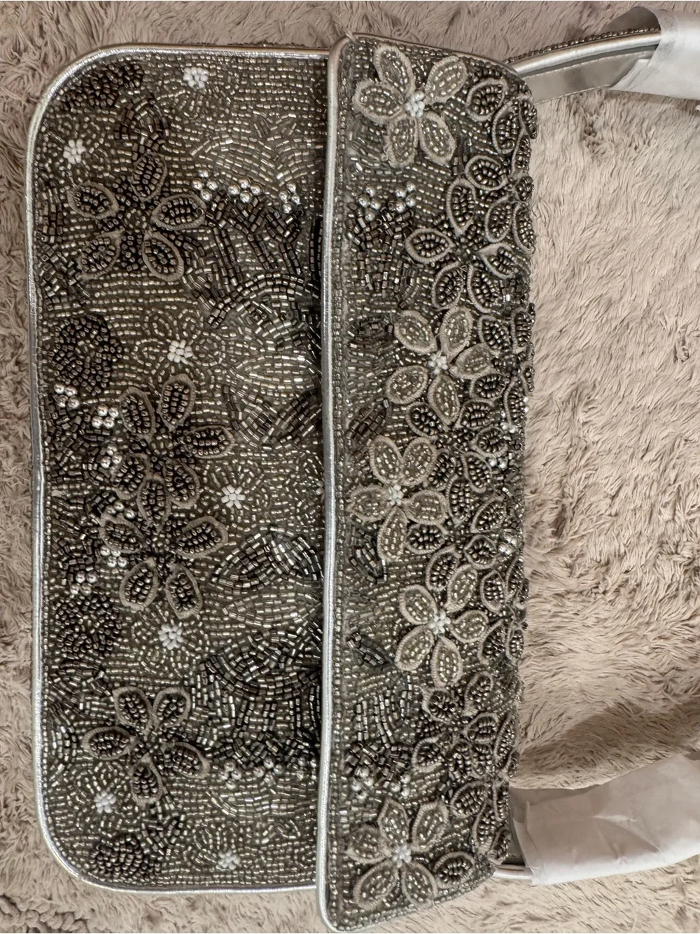STAUD Tommy Garden Party Beaded Floral Evening Bag in Silver colorway 10x6 in